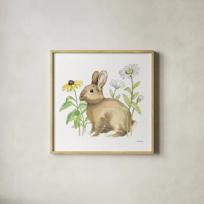 Wildflower Bunnies II Sq by Beth Grove. Shown in a natural wood glass frame for a timeless modern aesthetic. Available as an archival giclee rolled canvas, fine art paper, or poster print. SKU 24700a.
