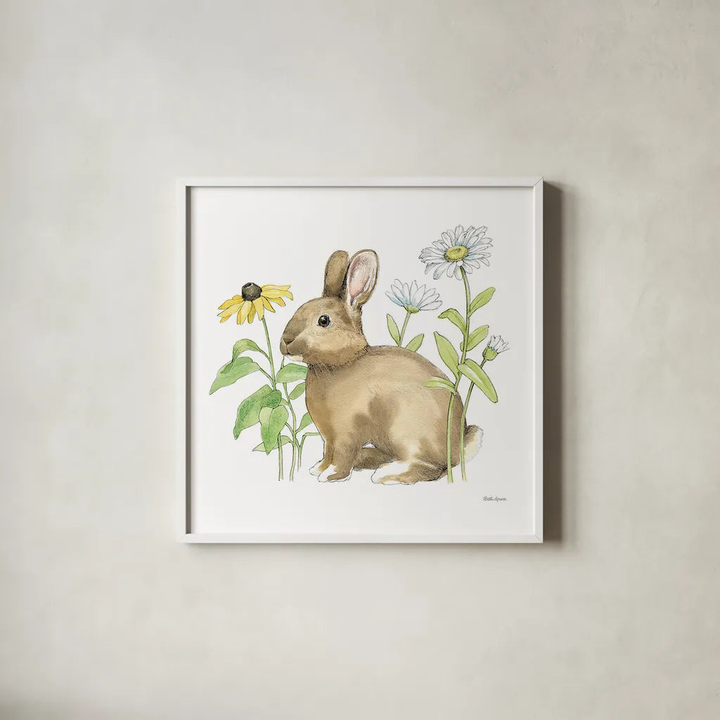 Wildflower Bunnies II Sq by Beth Grove. Shown in a crisp white glass frame for a clean and minimalist style. Available as an archival giclee rolled canvas, fine art paper, or poster print. SKU 24700a.