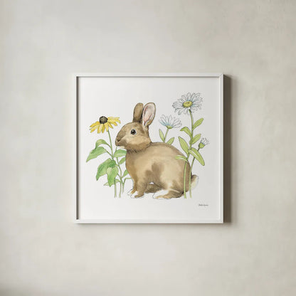 Wildflower Bunnies II Sq by Beth Grove. Shown in a crisp white glass frame for a clean and minimalist style. Available as an archival giclee rolled canvas, fine art paper, or poster print. SKU 24700a.