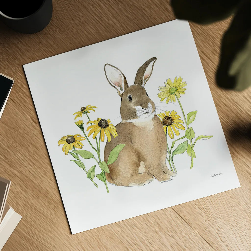 Wildflower Bunnies III Sq by Beth Grove. Shown as a detailed flat fine art print, highlighting archival giclee quality. Available as an archival giclee rolled canvas, fine art paper, or poster print. SKU 24701a.