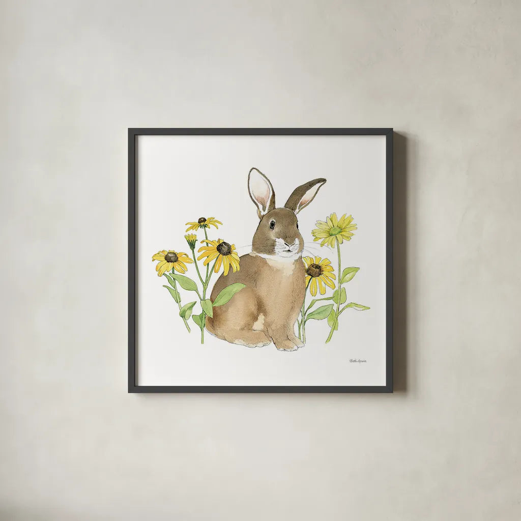 Wildflower Bunnies III Sq by Beth Grove. Shown in a sleek black glass frame for a contemporary gallery look. Available as an archival giclee rolled canvas, fine art paper, or poster print. SKU 24701a.