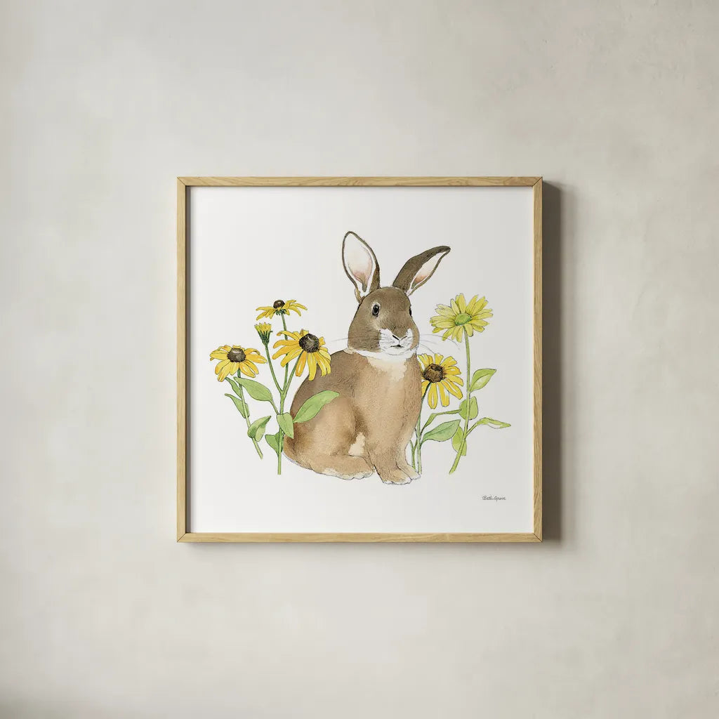 Wildflower Bunnies III Sq by Beth Grove. Shown in a natural wood glass frame for a timeless modern aesthetic. Available as an archival giclee rolled canvas, fine art paper, or poster print. SKU 24701a.