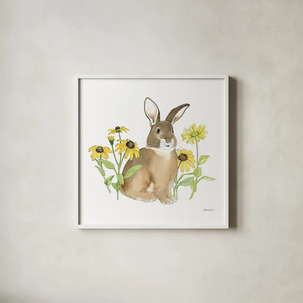 Wildflower Bunnies III Sq by Beth Grove. Shown in a crisp white glass frame for a clean and minimalist style. Available as an archival giclee rolled canvas, fine art paper, or poster print. SKU 24701a.