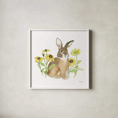 Wildflower Bunnies III Sq by Beth Grove. Shown in a crisp white glass frame for a clean and minimalist style. Available as an archival giclee rolled canvas, fine art paper, or poster print. SKU 24701a.