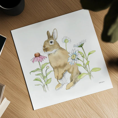 Wildflower Bunnies IV Sq by Beth Grove. Shown as a detailed flat fine art print, highlighting archival giclee quality. Available as an archival giclee rolled canvas, fine art paper, or poster print. SKU 24702a.