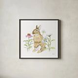Wildflower Bunnies IV Sq by Beth Grove. Shown in a sleek black glass frame for a contemporary gallery look. Available as an archival giclee rolled canvas, fine art paper, or poster print. SKU 24702a.