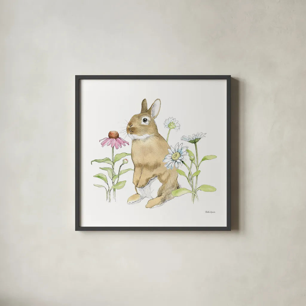Wildflower Bunnies IV Sq by Beth Grove. Shown in a sleek black glass frame for a contemporary gallery look. Available as an archival giclee rolled canvas, fine art paper, or poster print. SKU 24702a.
