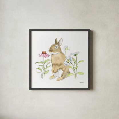 Wildflower Bunnies IV Sq by Beth Grove. Shown in a sleek black glass frame for a contemporary gallery look. Available as an archival giclee rolled canvas, fine art paper, or poster print. SKU 24702a.