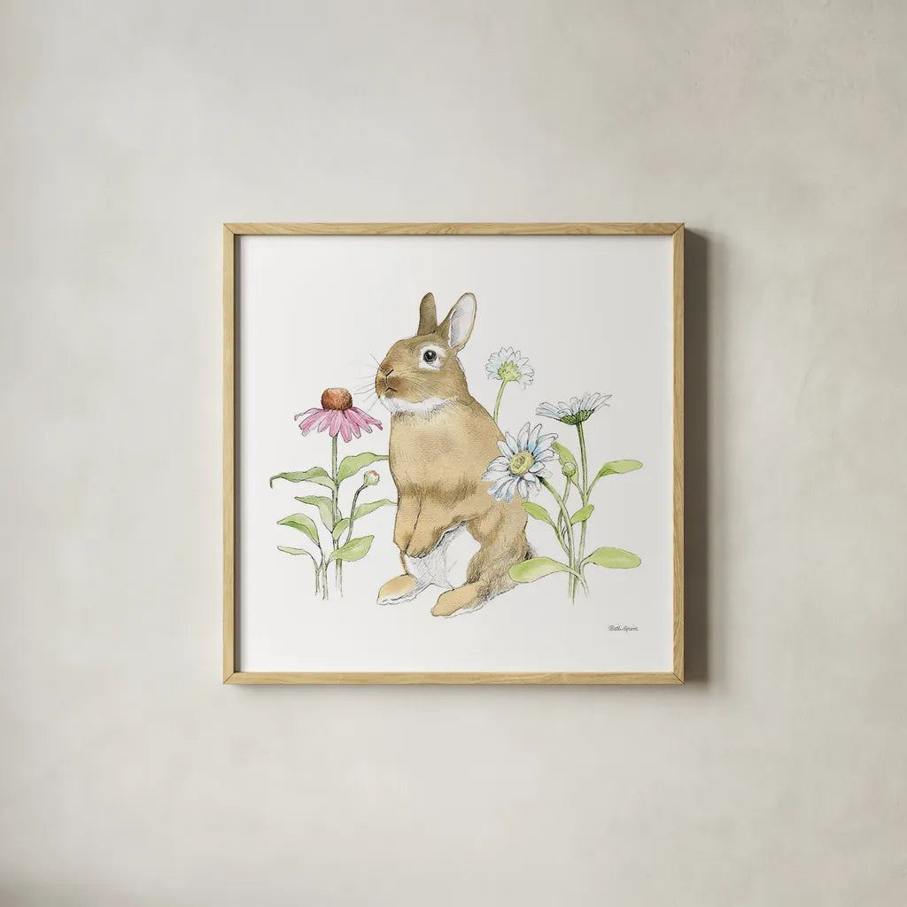 Wildflower Bunnies IV Sq by Beth Grove. Shown in a natural wood glass frame for a timeless modern aesthetic. Available as an archival giclee rolled canvas, fine art paper, or poster print. SKU 24702a.