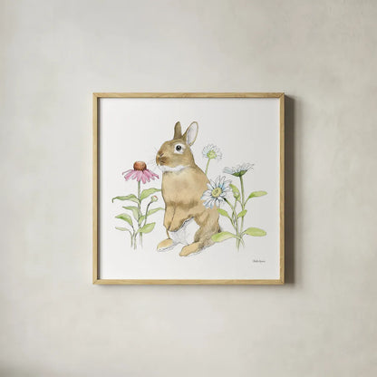 Wildflower Bunnies IV Sq by Beth Grove. Shown in a natural wood glass frame for a timeless modern aesthetic. Available as an archival giclee rolled canvas, fine art paper, or poster print. SKU 24702a.
