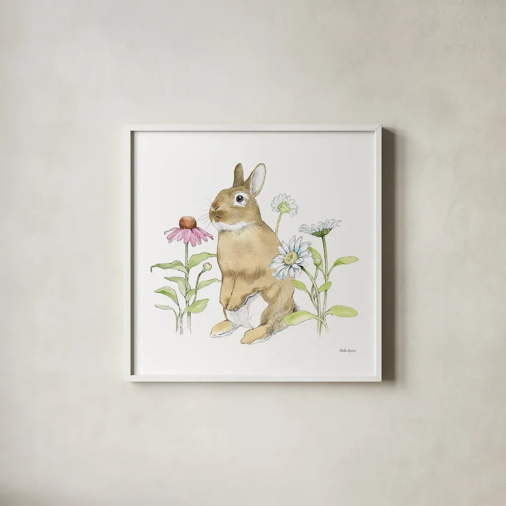 Wildflower Bunnies IV Sq by Beth Grove. Shown in a crisp white glass frame for a clean and minimalist style. Available as an archival giclee rolled canvas, fine art paper, or poster print. SKU 24702a.