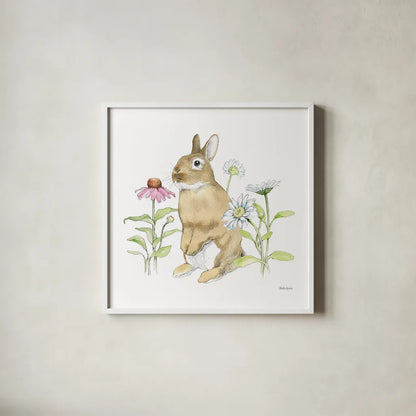Wildflower Bunnies IV Sq by Beth Grove. Shown in a crisp white glass frame for a clean and minimalist style. Available as an archival giclee rolled canvas, fine art paper, or poster print. SKU 24702a.