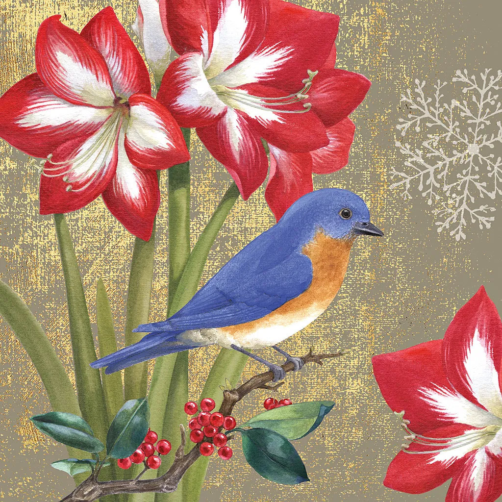 Winter Birds Bluebird Collage by Beth Grove. SKU 21939a. Archival Giclee Fine art print for wall decor.