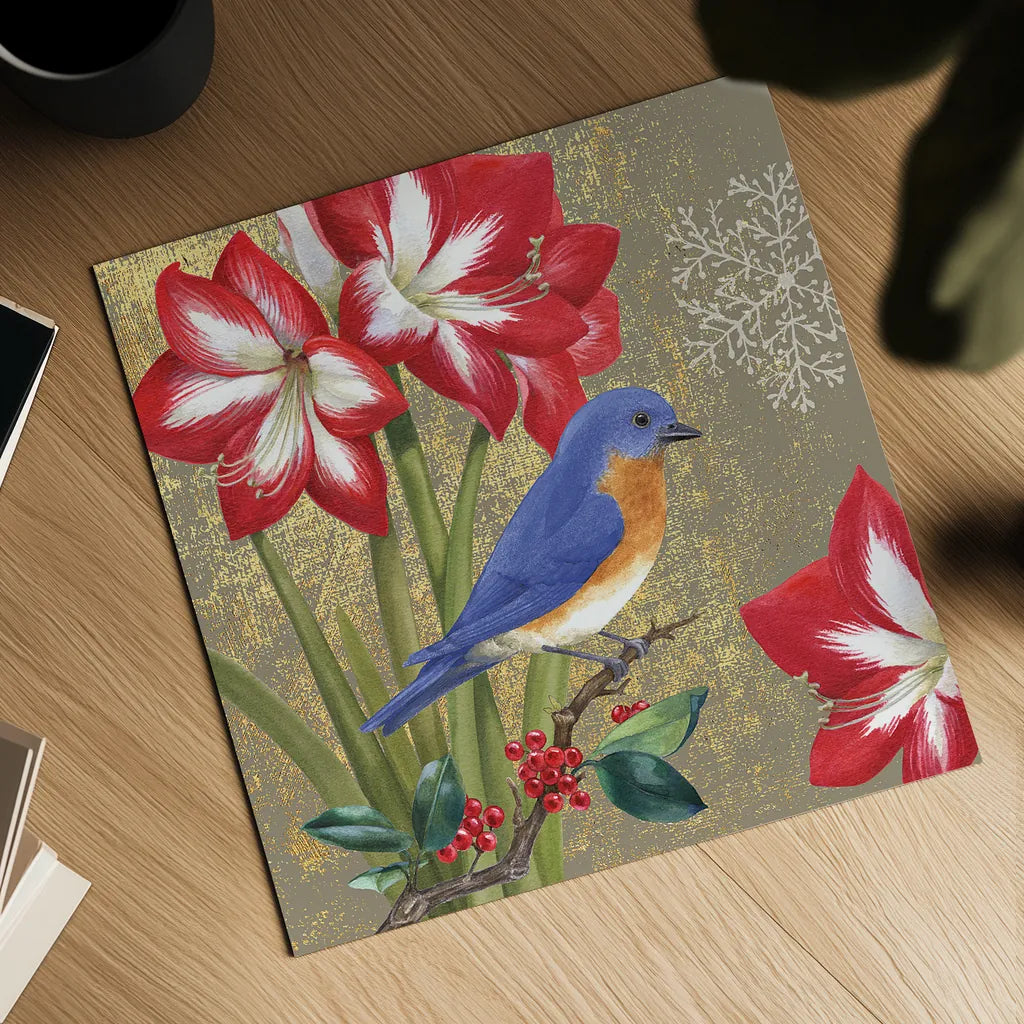 Winter Birds Bluebird Collage by Beth Grove. Shown as a detailed flat fine art print, highlighting archival giclee quality. Available as an archival giclee rolled canvas, fine art paper, or poster print. SKU 21939a.