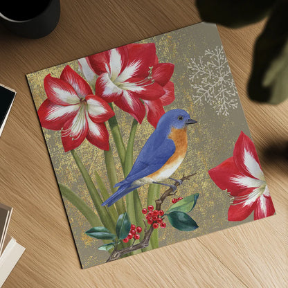 Winter Birds Bluebird Collage by Beth Grove. Shown as a detailed flat fine art print, highlighting archival giclee quality. Available as an archival giclee rolled canvas, fine art paper, or poster print. SKU 21939a.