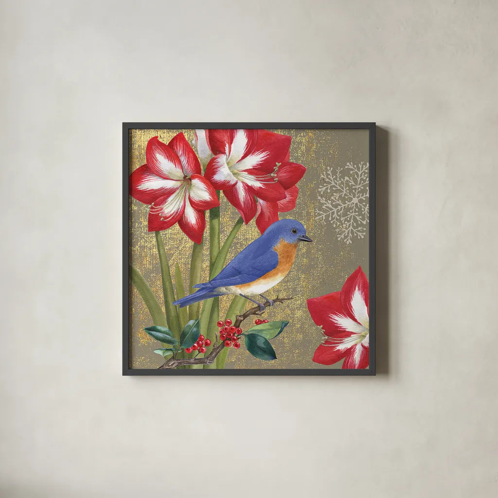Winter Birds Bluebird Collage by Beth Grove. Shown in a sleek black glass frame for a contemporary gallery look. Available as an archival giclee rolled canvas, fine art paper, or poster print. SKU 21939a.