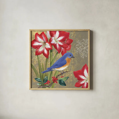 Winter Birds Bluebird Collage by Beth Grove. Shown in a natural wood glass frame for a timeless modern aesthetic. Available as an archival giclee rolled canvas, fine art paper, or poster print. SKU 21939a.