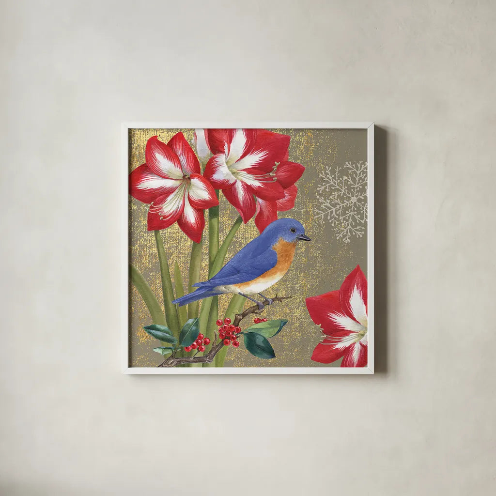 Winter Birds Bluebird Collage by Beth Grove. Shown in a crisp white glass frame for a clean and minimalist style. Available as an archival giclee rolled canvas, fine art paper, or poster print. SKU 21939a.