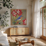Winter Birds Bluebird Collage by Beth Grove. Shown in a natural wood frame in a cozy modern living room. Available as an archival giclee rolled canvas, fine art paper, or poster print. SKU 21939a.
