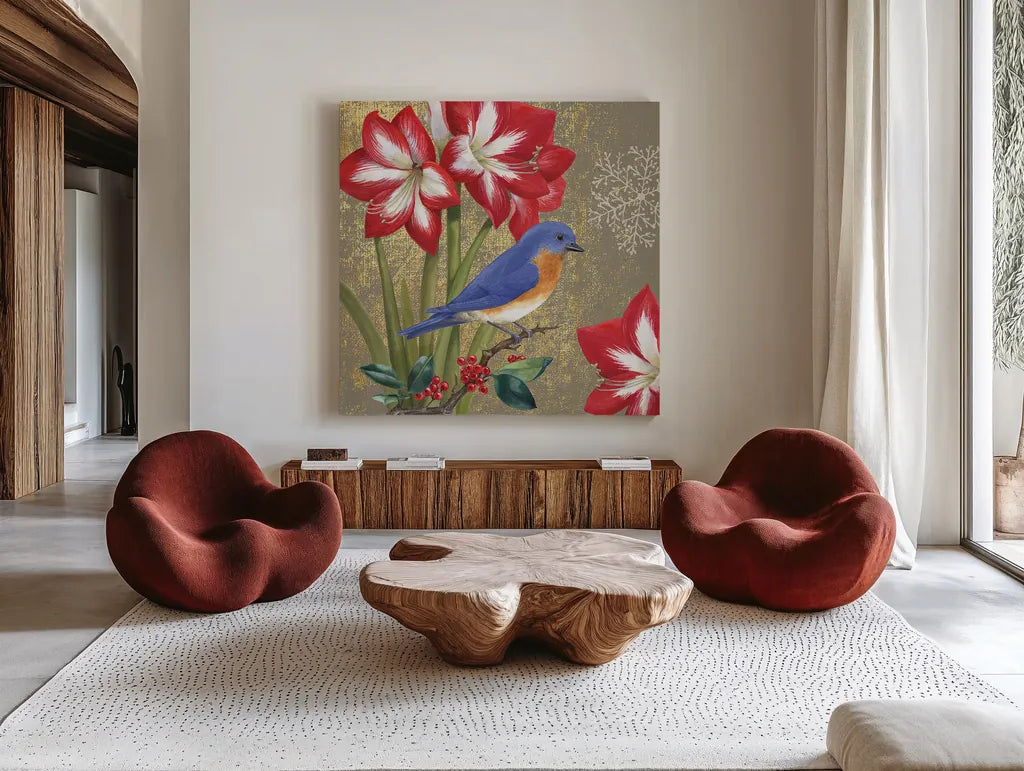 Winter Birds Bluebird Collage by Beth Grove. Shown as extra-large giant wall art in a modern living room. Available as an archival giclee rolled canvas, fine art paper, or poster print. SKU 21939a.
