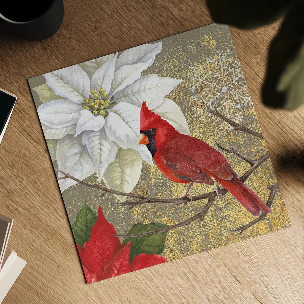 Winter Birds Cardinal Collage by Beth Grove. Shown as a detailed flat fine art print, highlighting archival giclee quality. Available as an archival giclee rolled canvas, fine art paper, or poster print. SKU 21940a.