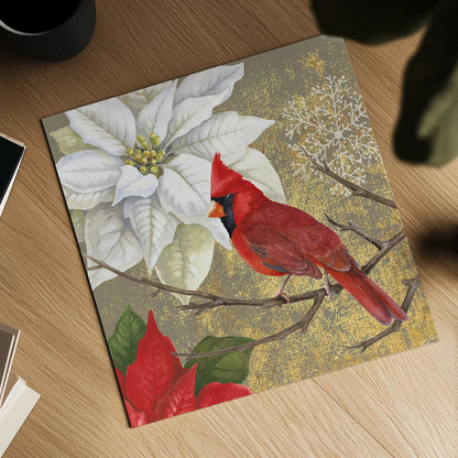 Winter Birds Cardinal Collage by Beth Grove. Shown as a detailed flat fine art print, highlighting archival giclee quality. Available as an archival giclee rolled canvas, fine art paper, or poster print. SKU 21940a.