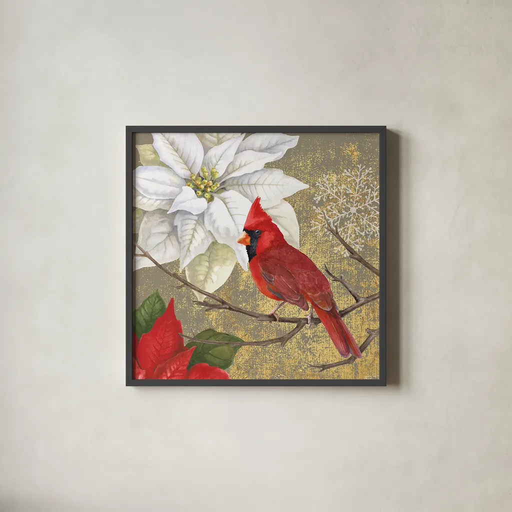Winter Birds Cardinal Collage by Beth Grove. Shown in a sleek black glass frame for a contemporary gallery look. Available as an archival giclee rolled canvas, fine art paper, or poster print. SKU 21940a.
