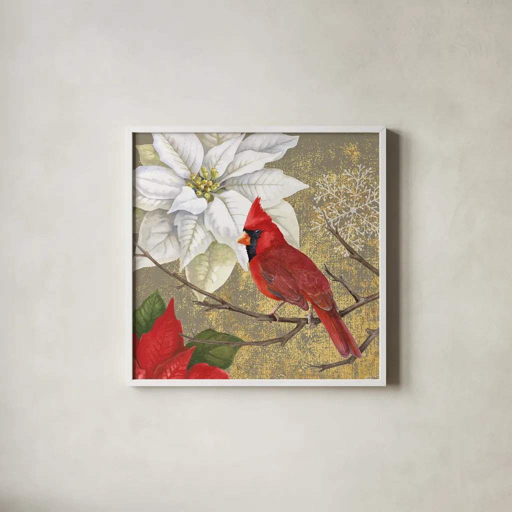 Winter Birds Cardinal Collage by Beth Grove. Shown in a crisp white glass frame for a clean and minimalist style. Available as an archival giclee rolled canvas, fine art paper, or poster print. SKU 21940a.