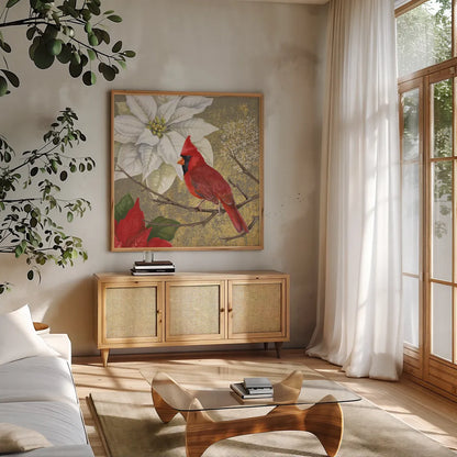 Winter Birds Cardinal Collage by Beth Grove. Shown in a natural wood frame in a cozy modern living room. Available as an archival giclee rolled canvas, fine art paper, or poster print. SKU 21940a.