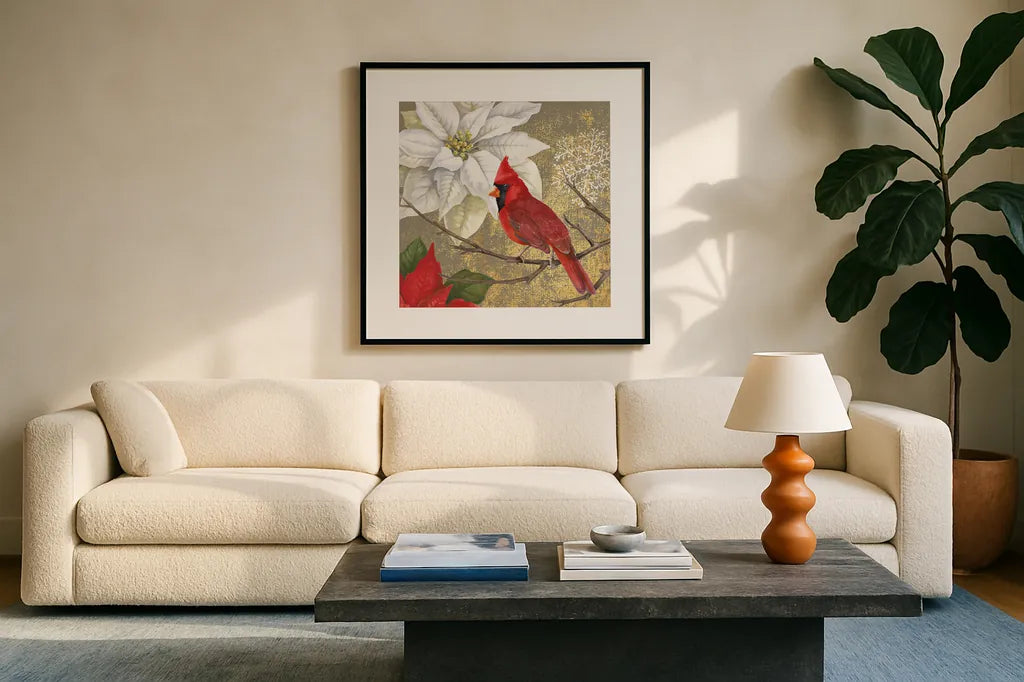 Winter Birds Cardinal Collage by Beth Grove. Displayed in a glass frame with matte in a clean modern living room. Available as an archival giclee rolled canvas, fine art paper, or poster print. SKU 21940a.