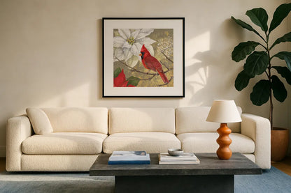 Winter Birds Cardinal Collage by Beth Grove. Displayed in a glass frame with matte in a clean modern living room. Available as an archival giclee rolled canvas, fine art paper, or poster print. SKU 21940a.