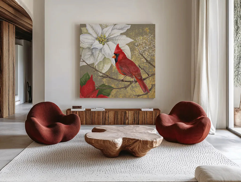 Winter Birds Cardinal Collage by Beth Grove. Shown as extra-large giant wall art in a modern living room. Available as an archival giclee rolled canvas, fine art paper, or poster print. SKU 21940a.