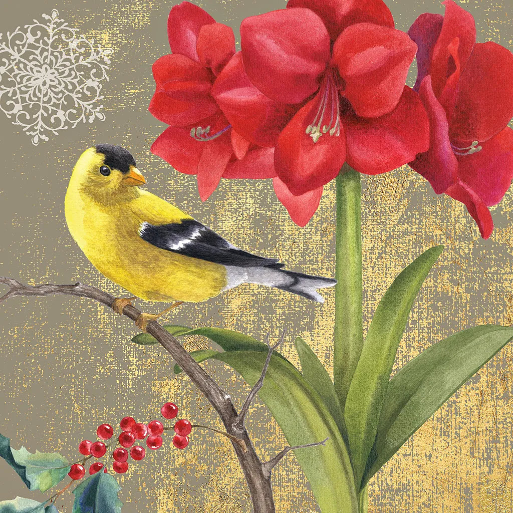 Winter Birds Goldfinch Collage by Beth Grove. SKU 21946a. Archival Giclee Fine art print for wall decor.