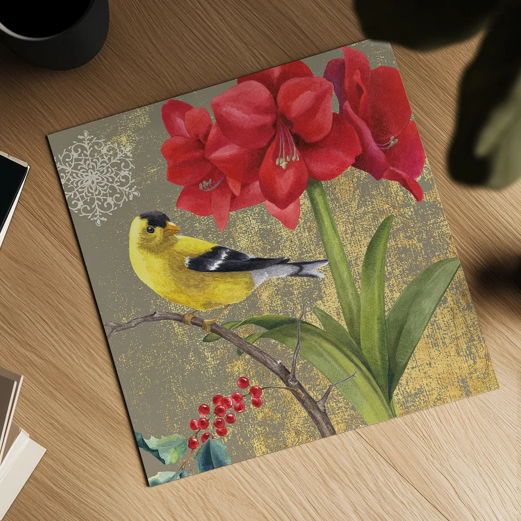 Winter Birds Goldfinch Collage by Beth Grove. Shown as a detailed flat fine art print, highlighting archival giclee quality. Available as an archival giclee rolled canvas, fine art paper, or poster print. SKU 21946a.