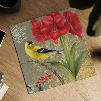 Winter Birds Goldfinch Collage by Beth Grove. Shown as a detailed flat fine art print, highlighting archival giclee quality. Available as an archival giclee rolled canvas, fine art paper, or poster print. SKU 21946a.