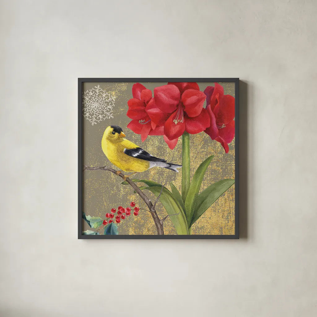 Winter Birds Goldfinch Collage by Beth Grove. Shown in a sleek black glass frame for a contemporary gallery look. Available as an archival giclee rolled canvas, fine art paper, or poster print. SKU 21946a.