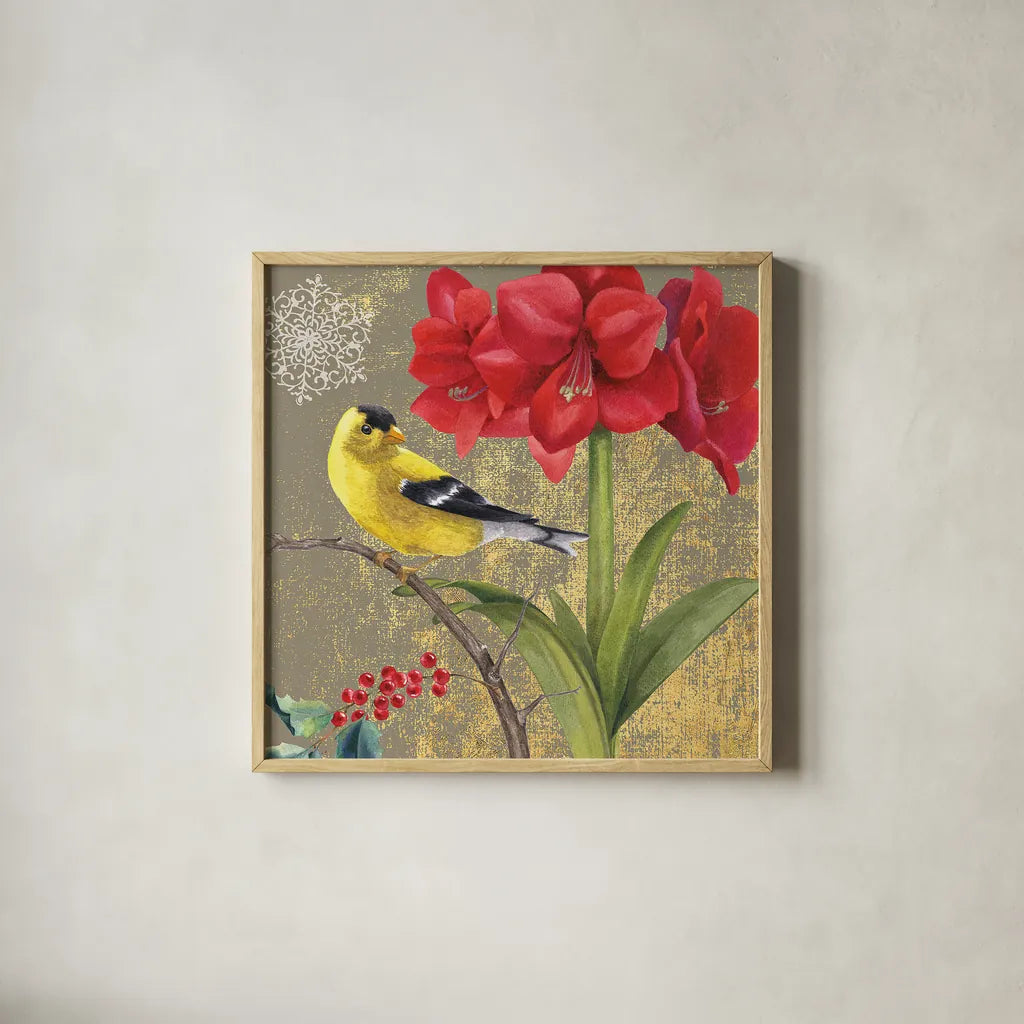 Winter Birds Goldfinch Collage by Beth Grove. Shown in a natural wood glass frame for a timeless modern aesthetic. Available as an archival giclee rolled canvas, fine art paper, or poster print. SKU 21946a.