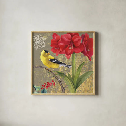 Winter Birds Goldfinch Collage by Beth Grove. Shown in a natural wood glass frame for a timeless modern aesthetic. Available as an archival giclee rolled canvas, fine art paper, or poster print. SKU 21946a.