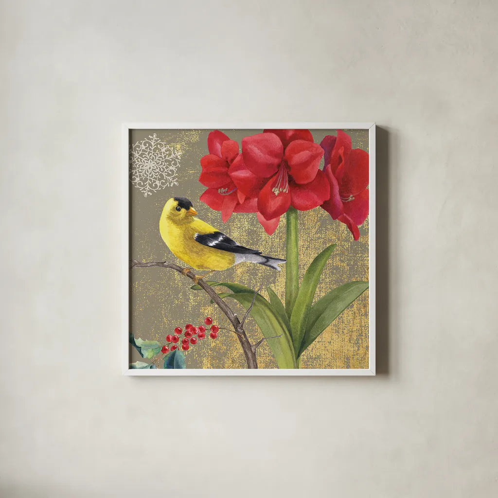 Winter Birds Goldfinch Collage by Beth Grove. Shown in a crisp white glass frame for a clean and minimalist style. Available as an archival giclee rolled canvas, fine art paper, or poster print. SKU 21946a.