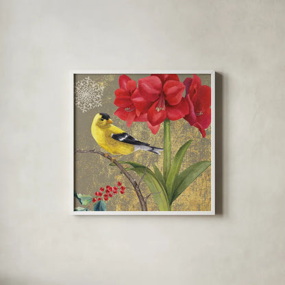 Winter Birds Goldfinch Collage by Beth Grove. Shown in a crisp white glass frame for a clean and minimalist style. Available as an archival giclee rolled canvas, fine art paper, or poster print. SKU 21946a.