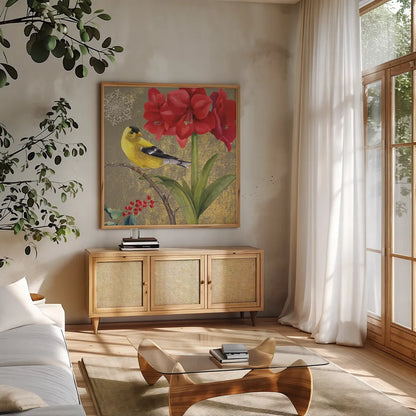 Winter Birds Goldfinch Collage by Beth Grove. Shown in a natural wood frame in a cozy modern living room. Available as an archival giclee rolled canvas, fine art paper, or poster print. SKU 21946a.