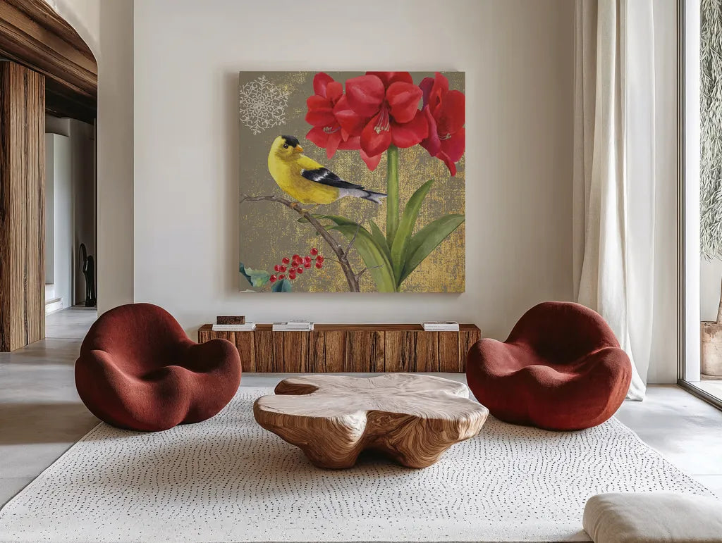 Winter Birds Goldfinch Collage by Beth Grove. Shown as extra-large giant wall art in a modern living room. Available as an archival giclee rolled canvas, fine art paper, or poster print. SKU 21946a.