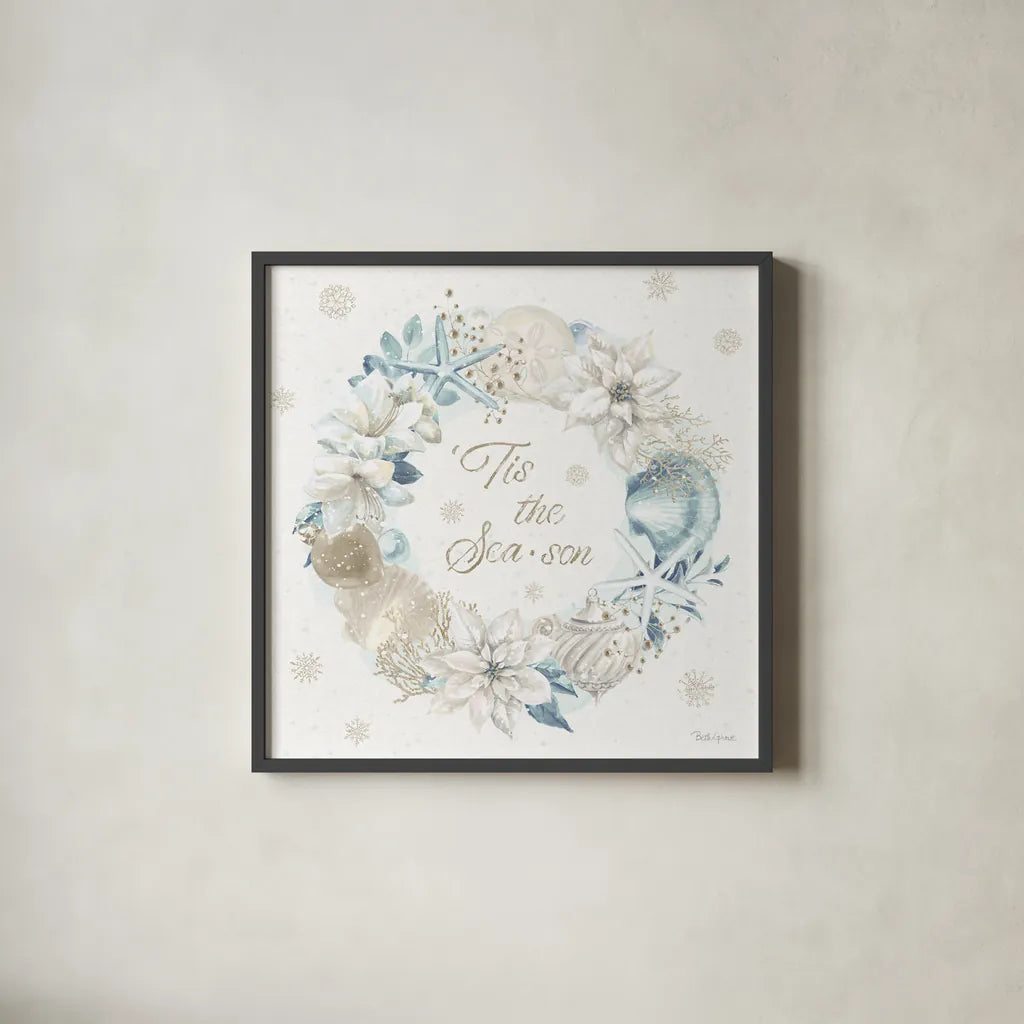 Winter Coast IV Blue by Beth Grove. Shown in a sleek black glass frame for a contemporary gallery look. Available as an archival giclee rolled canvas, fine art paper, or poster print. SKU 80174a.