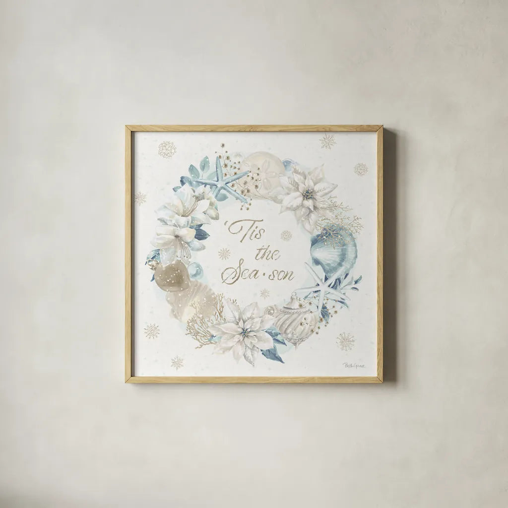 Winter Coast IV Blue by Beth Grove. Shown in a natural wood glass frame for a timeless modern aesthetic. Available as an archival giclee rolled canvas, fine art paper, or poster print. SKU 80174a.