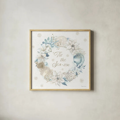 Winter Coast IV Blue by Beth Grove. Shown in a natural wood glass frame for a timeless modern aesthetic. Available as an archival giclee rolled canvas, fine art paper, or poster print. SKU 80174a.