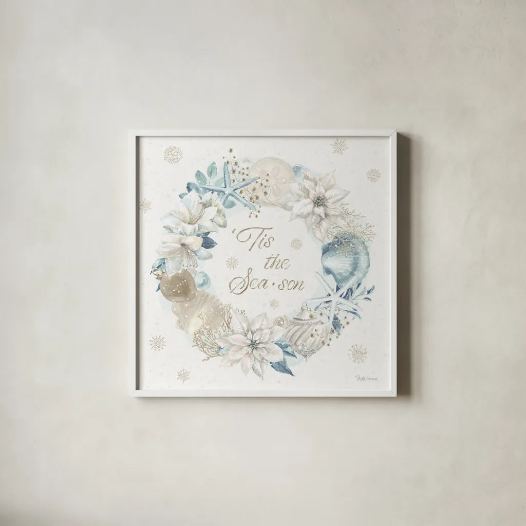 Winter Coast IV Blue by Beth Grove. Shown in a crisp white glass frame for a clean and minimalist style. Available as an archival giclee rolled canvas, fine art paper, or poster print. SKU 80174a.