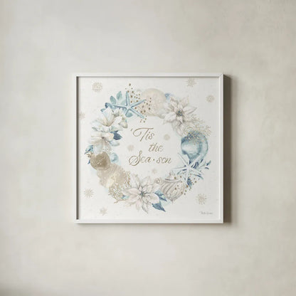 Winter Coast IV Blue by Beth Grove. Shown in a crisp white glass frame for a clean and minimalist style. Available as an archival giclee rolled canvas, fine art paper, or poster print. SKU 80174a.