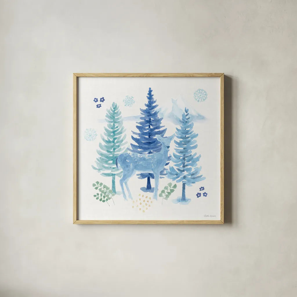 Winter Sparkle I by Beth Grove. Shown in a natural wood glass frame for a timeless modern aesthetic. Available as an archival giclee rolled canvas, fine art paper, or poster print. SKU 91657a.