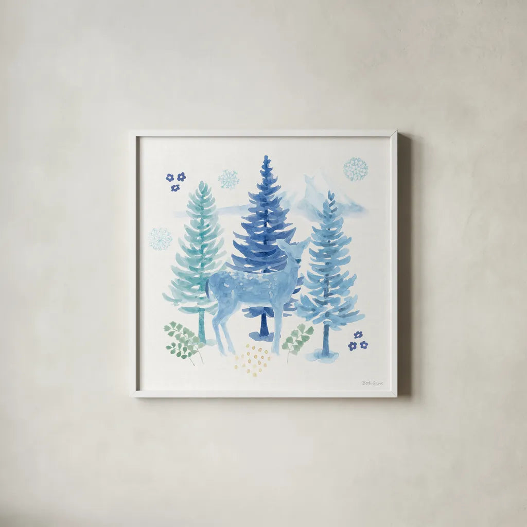 Winter Sparkle I by Beth Grove. Shown in a crisp white glass frame for a clean and minimalist style. Available as an archival giclee rolled canvas, fine art paper, or poster print. SKU 91657a.
