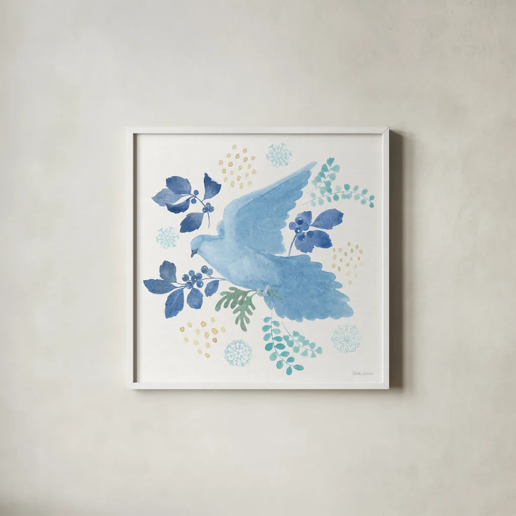 Winter Sparkle II by Beth Grove. Shown in a crisp white glass frame for a clean and minimalist style. Available as an archival giclee rolled canvas, fine art paper, or poster print. SKU 91658a.